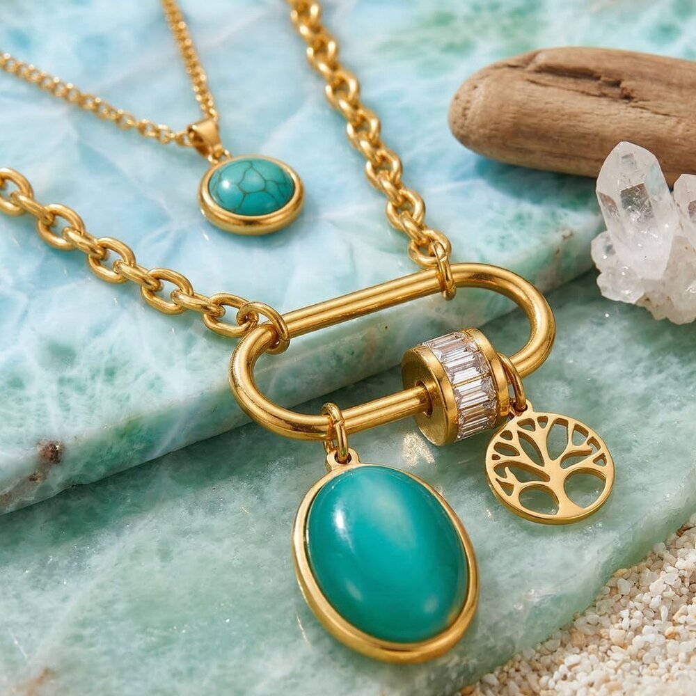 18K Gold Plated Layered Turquoise Crystal Tree Of Life Necklace Boho Chic Gift - Picture 15 of 17